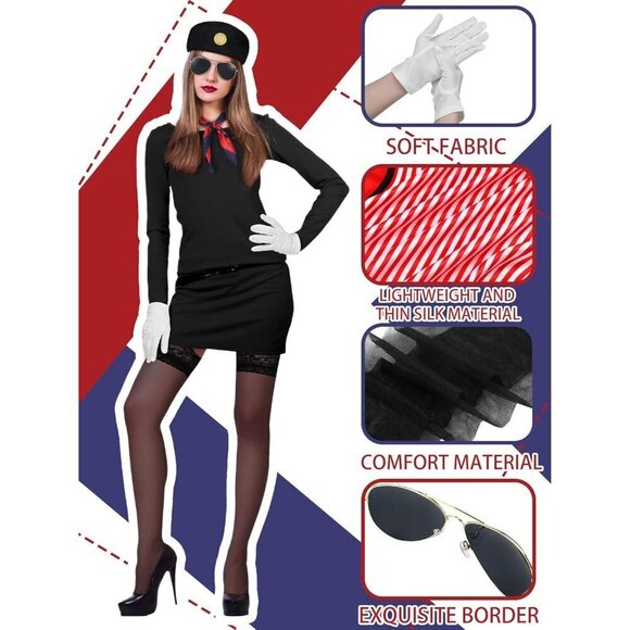 Women Flight Attendant Costume Accessories Set Hat Gloves Sunglasses Scarf Stock
